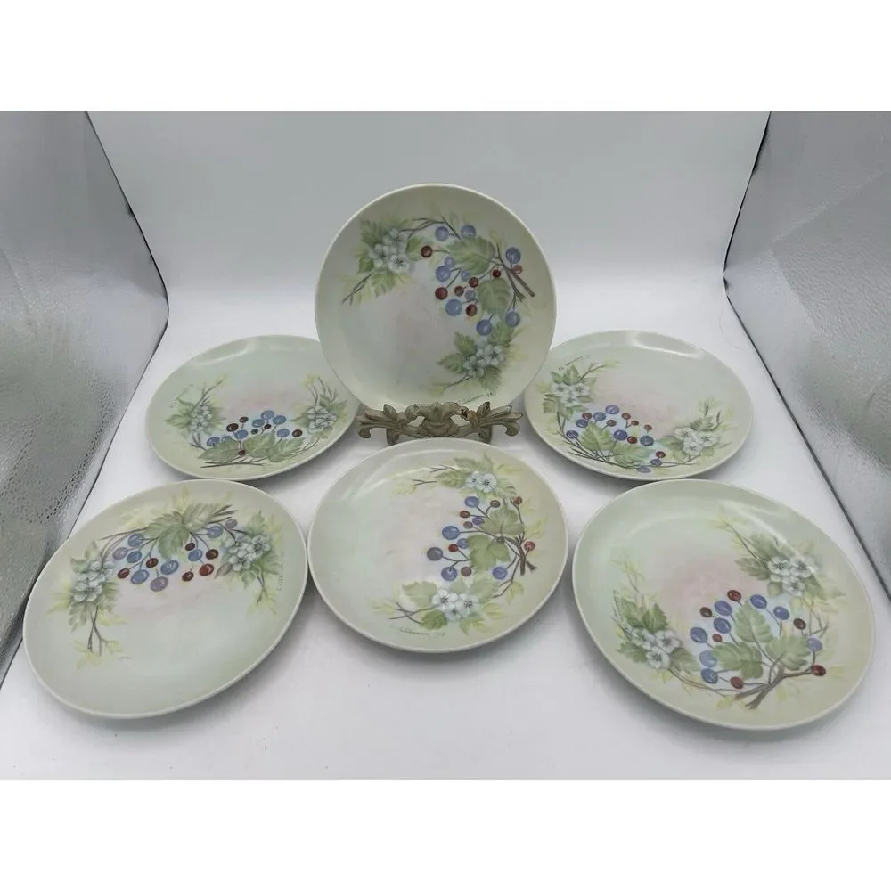 Studio Pottery Hand Painted Salad Plates‎ Dogwood Flowers Blueberries (6) Signed